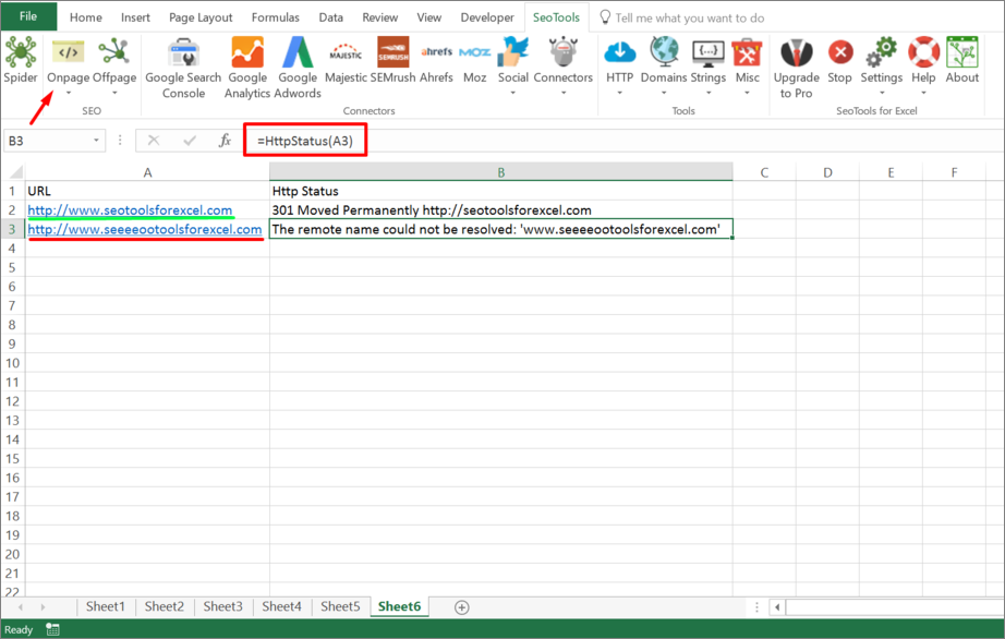 Results from the HttpStatus function inside Excel