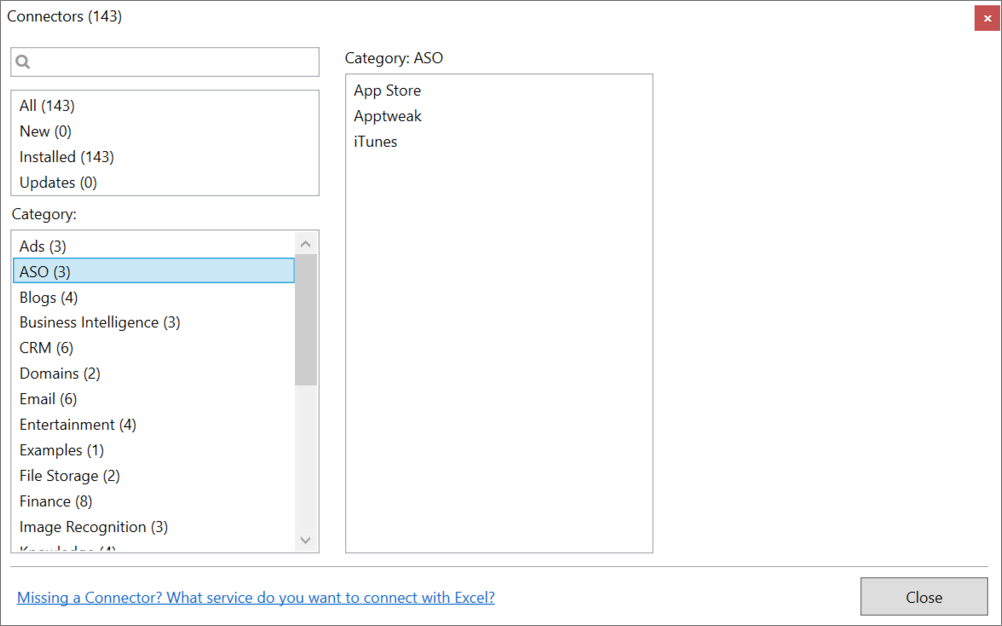 Connector category in Manager window