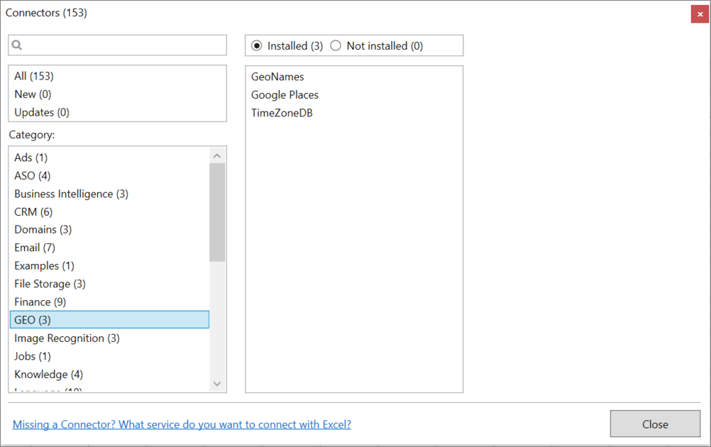 Connector category in Manager window