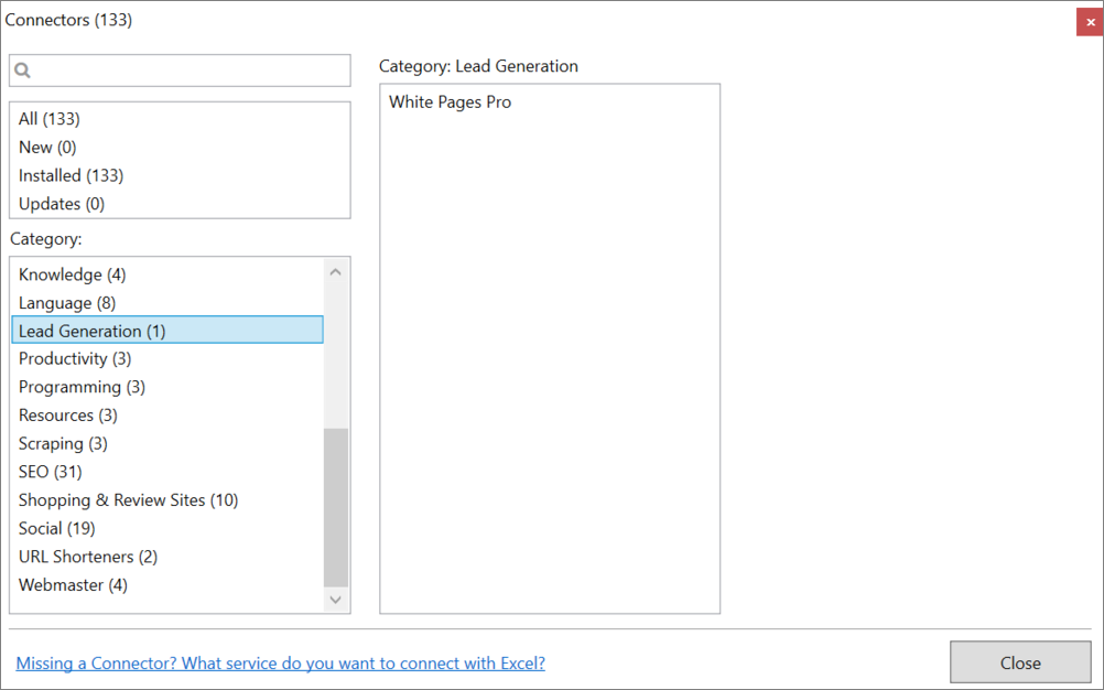 Connector category in Manager window