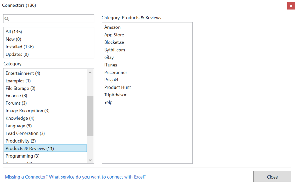 Connector category in Manager window