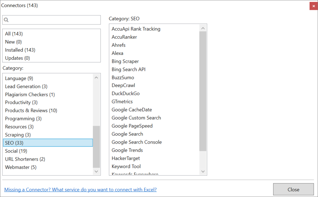 Connector category in Manager window