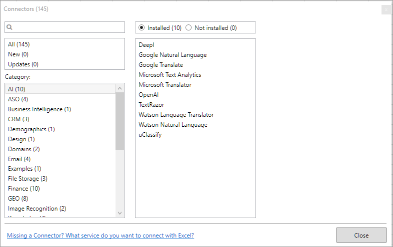 Connector category in Manager window