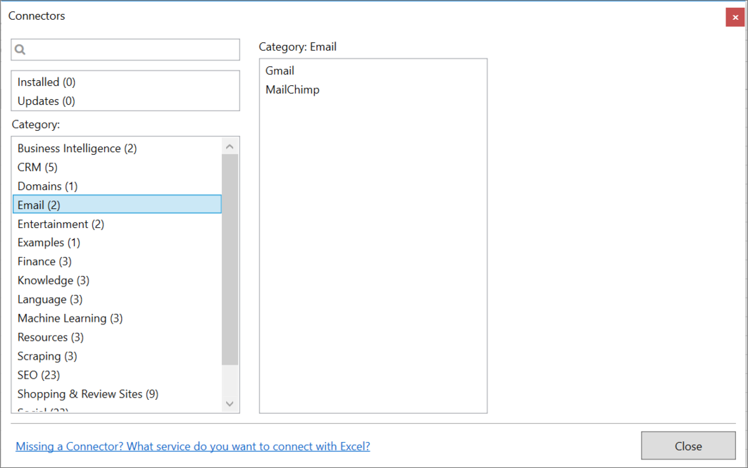 Connector category in Manager window