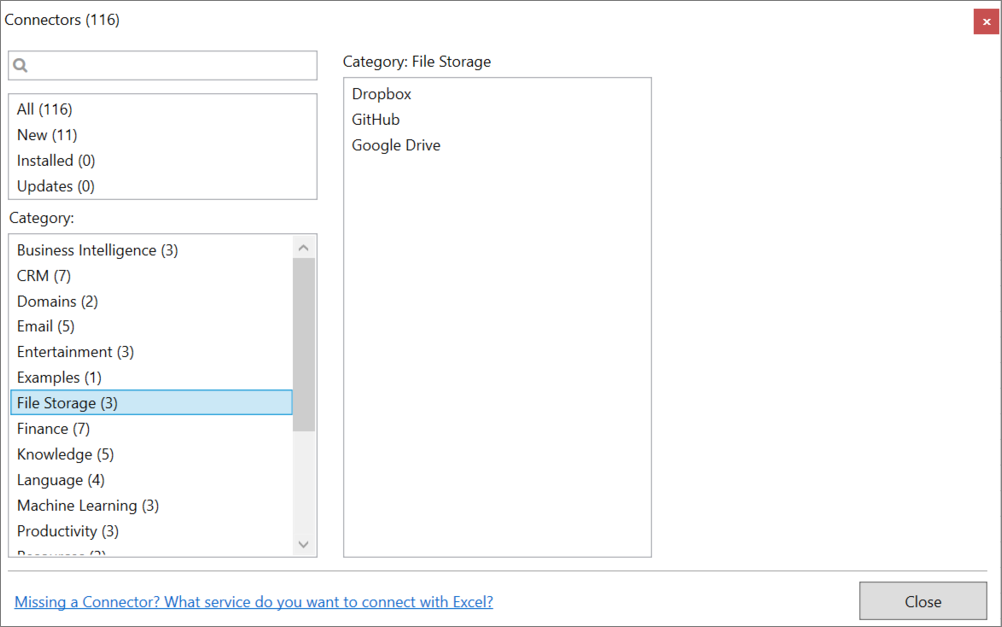 Connector category in Manager window