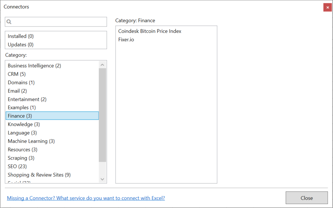 Connector category in Manager window