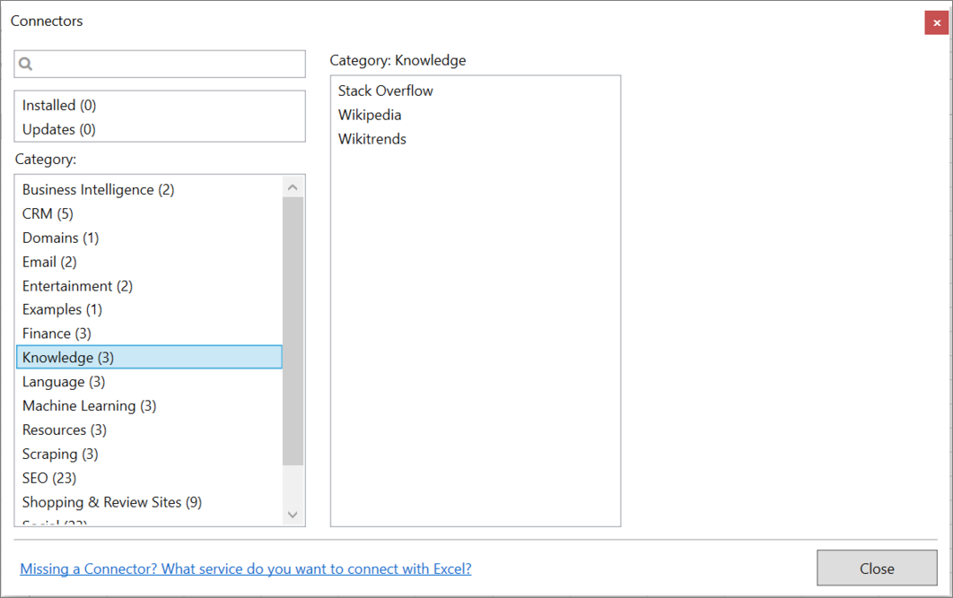 Connector category in Manager window