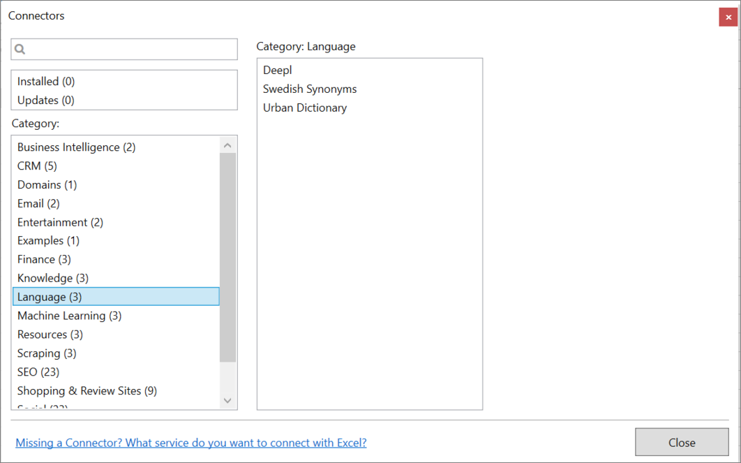 Connector category in Manager window