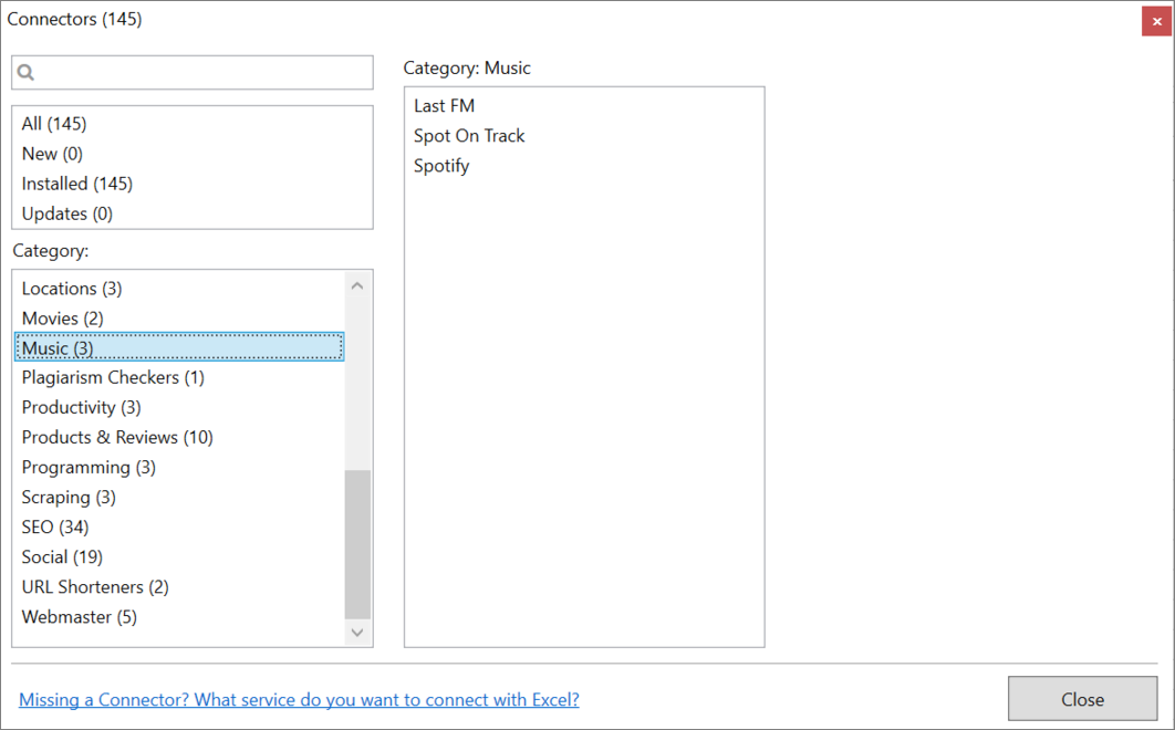 Connector category in Manager window