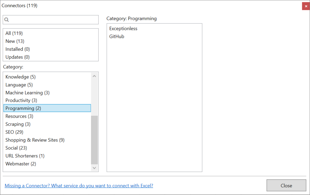 Connector category in Manager window