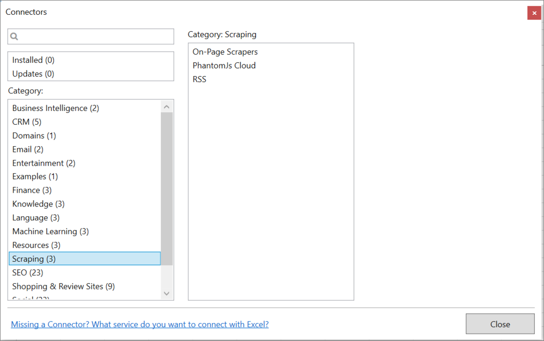 Connector category in Manager window