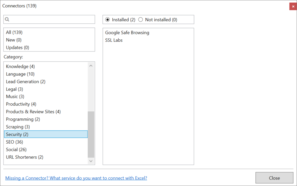 Connector category in Manager window