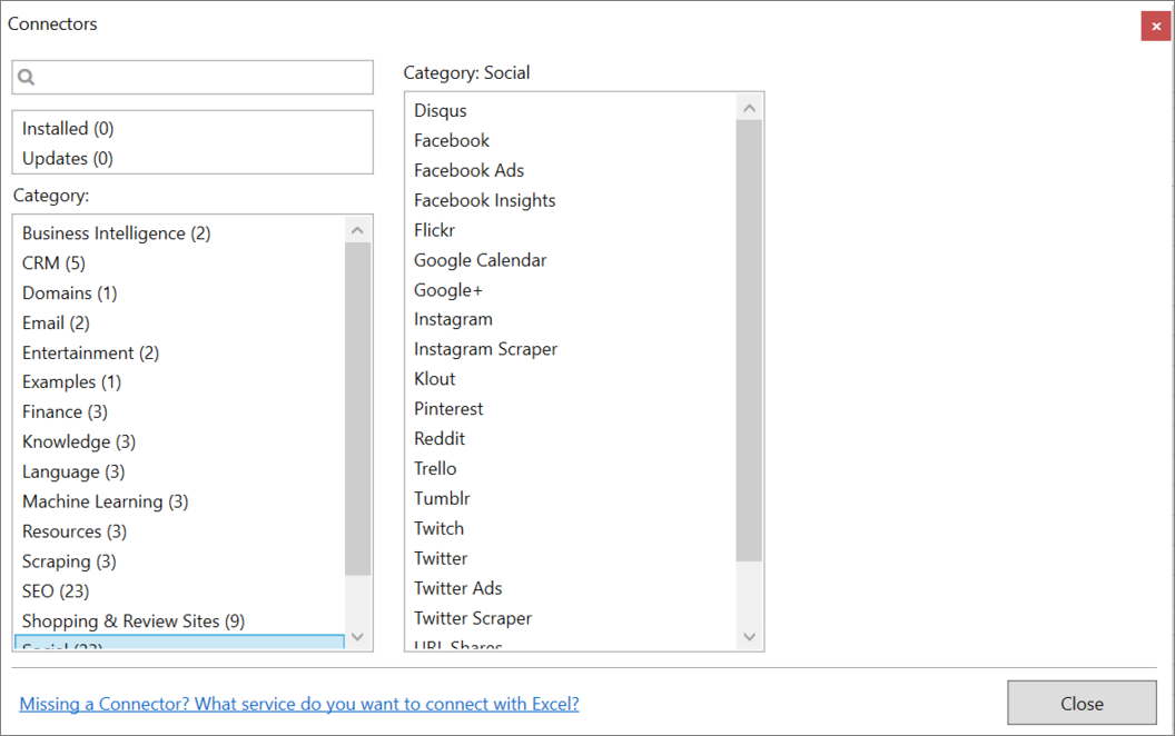 Connector category in Manager window