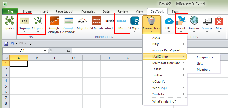 SeoTools menu in Excel