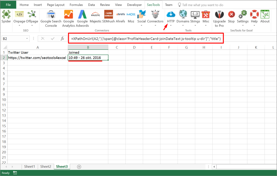 Results from the XPathOnUrl function inside Excel