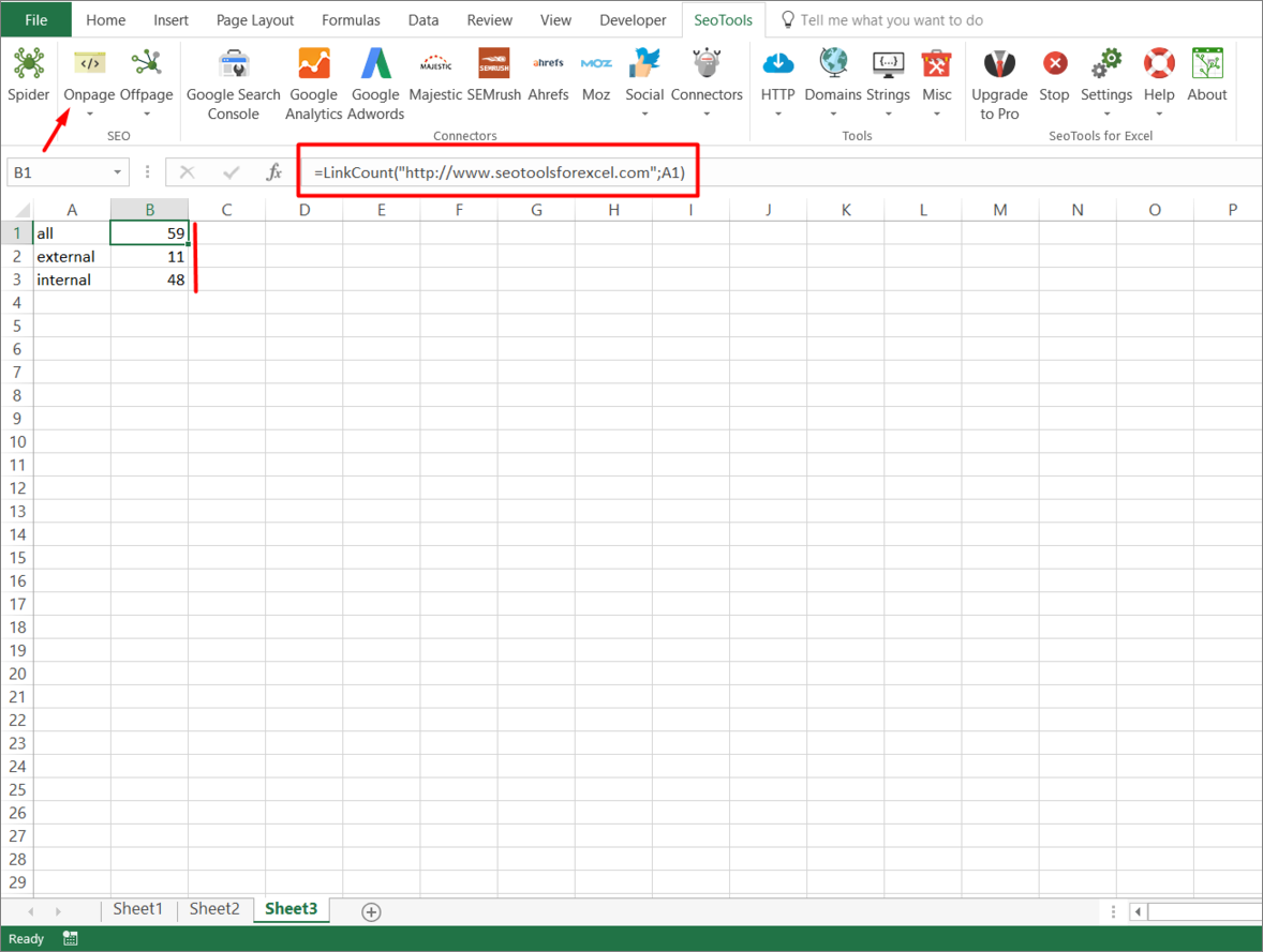 Results from Link Count function inside Excel