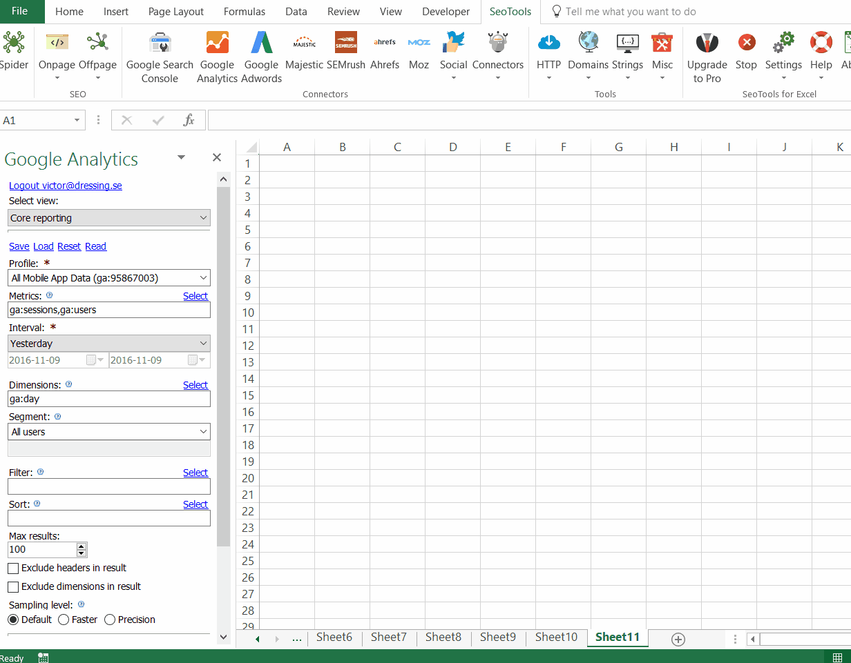 Example of Google Analytics Connector inside Excel