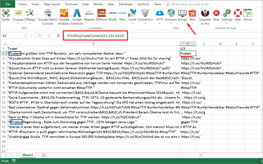 Results from function inside Excel