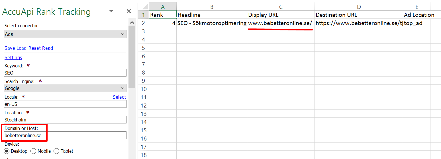 Ads output in Excel