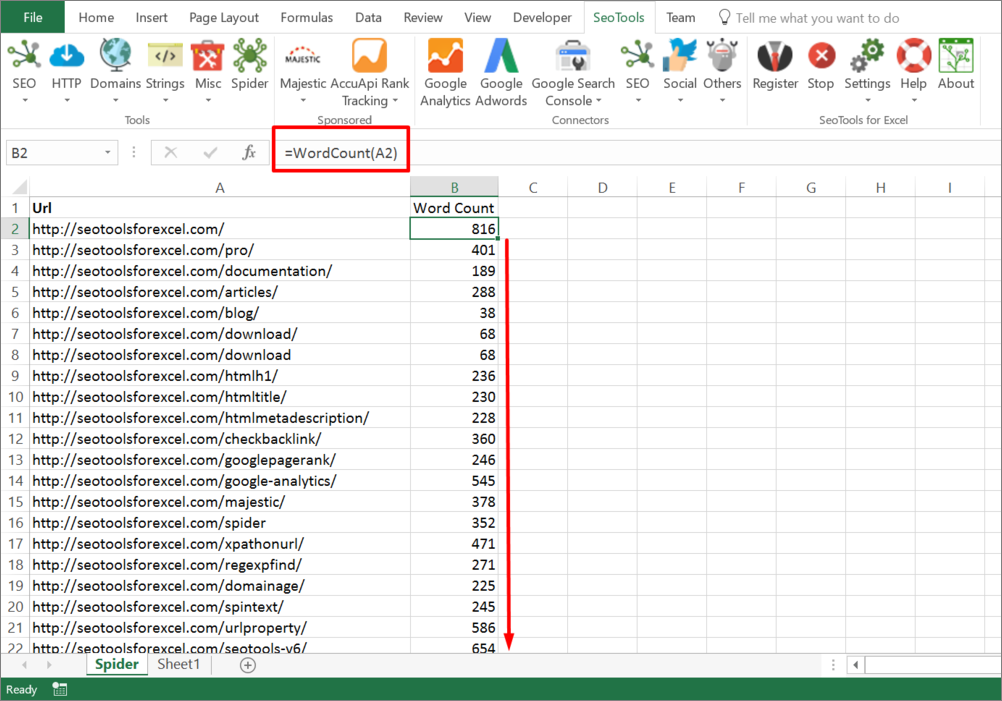 Results from the WordCount function inside Excel