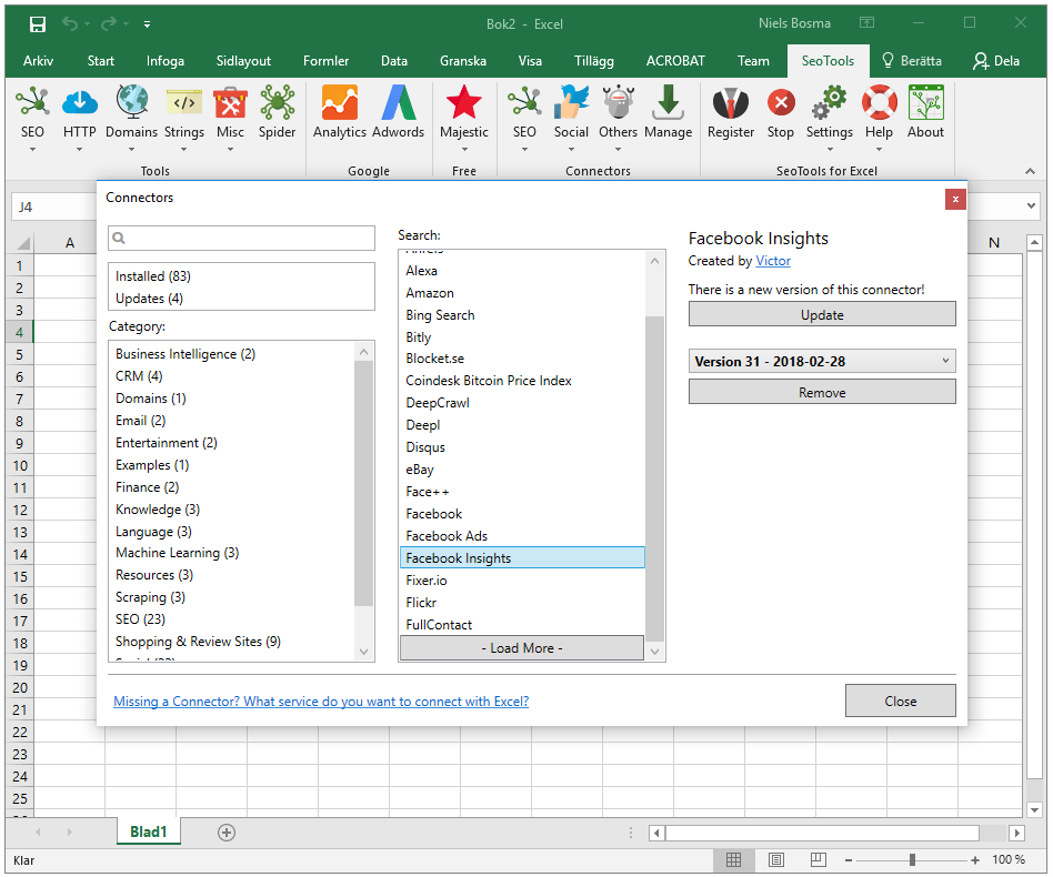 How Connectors Manager appears in Excel