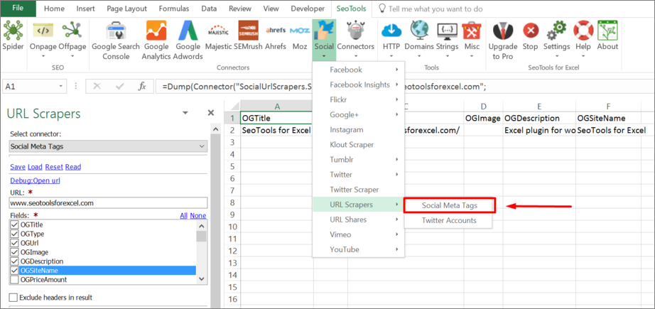 Example of social meta tags in Excel