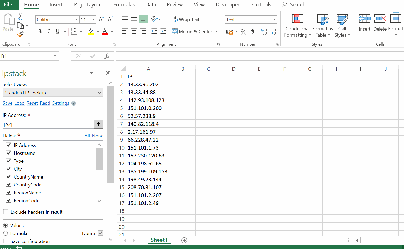 Data results output in Excel