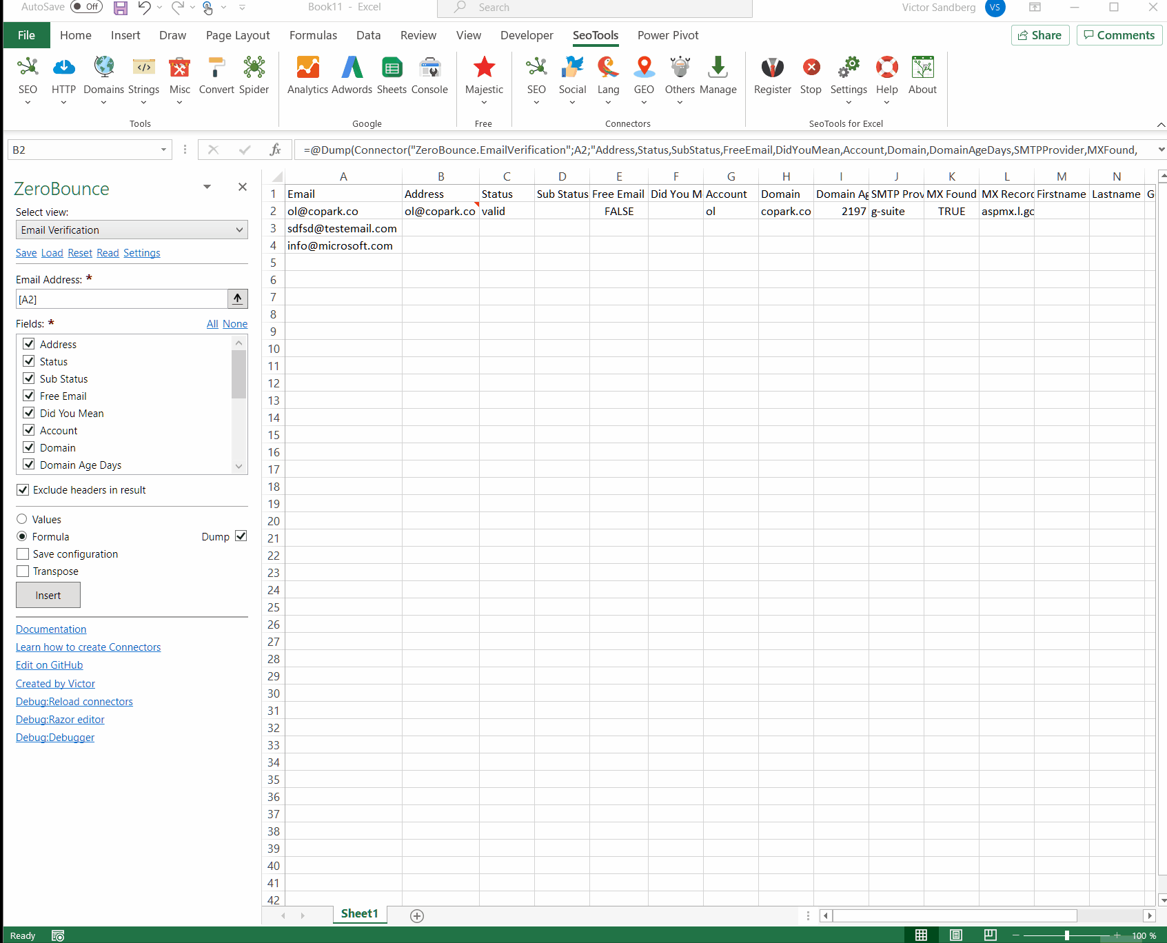 Data results output in Excel