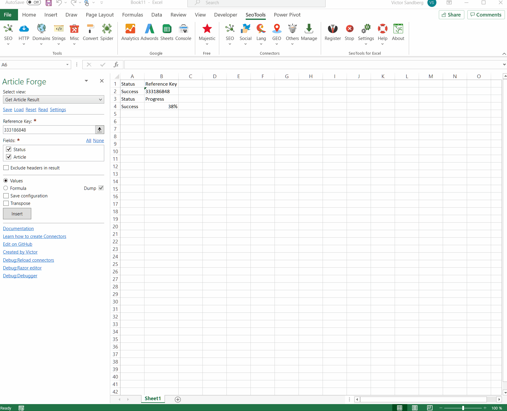 Data results output in Excel