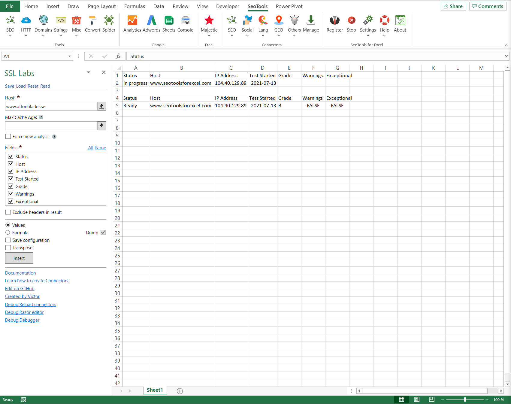 Data results output in Excel