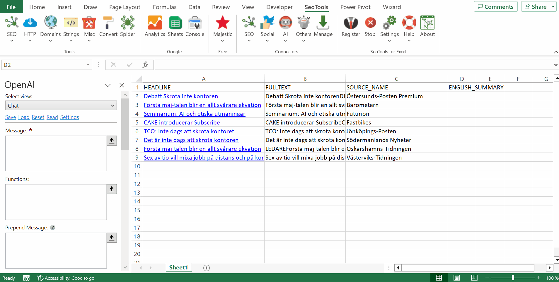 Data results output in Excel