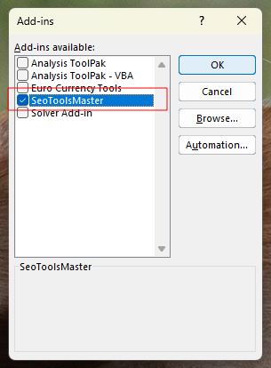 The Add-ins dialog with the SeoToolsMaster checkbox ticked