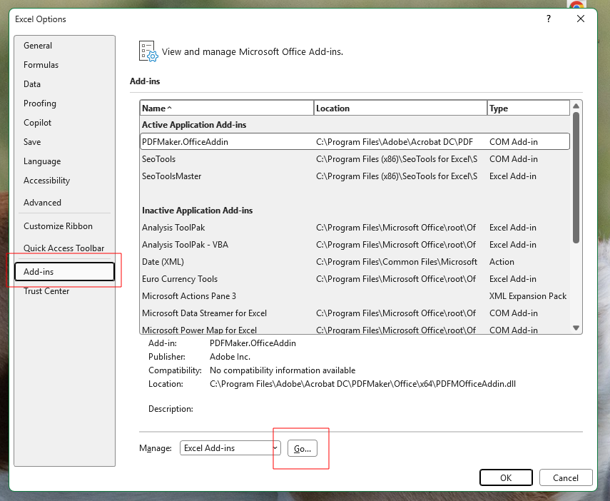 Excel Options, showing the Add-ins pane with the Manage dropdown set to Excel Add-ins